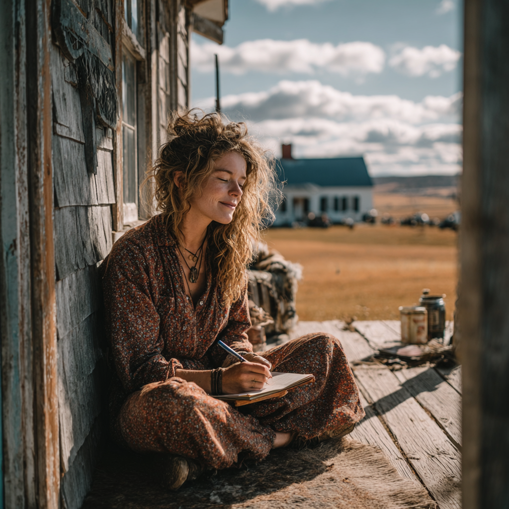 A happy woman sitting and writing | Source: Midjourney