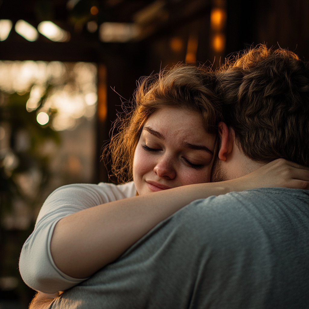 A man and woman share an emotional hug | Source: Midjourney