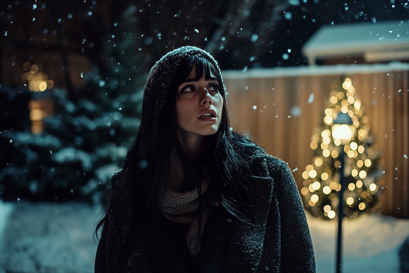 Woman upset in a snowy yard | Source: Midjourney