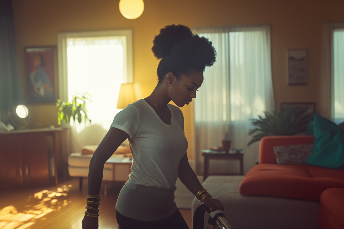 A woman vacuuming the living room | Source: Midjourney