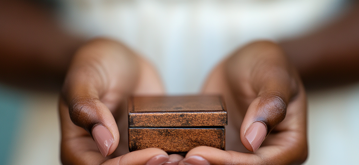 A woman holding a jewelry box | Source: Midjourney