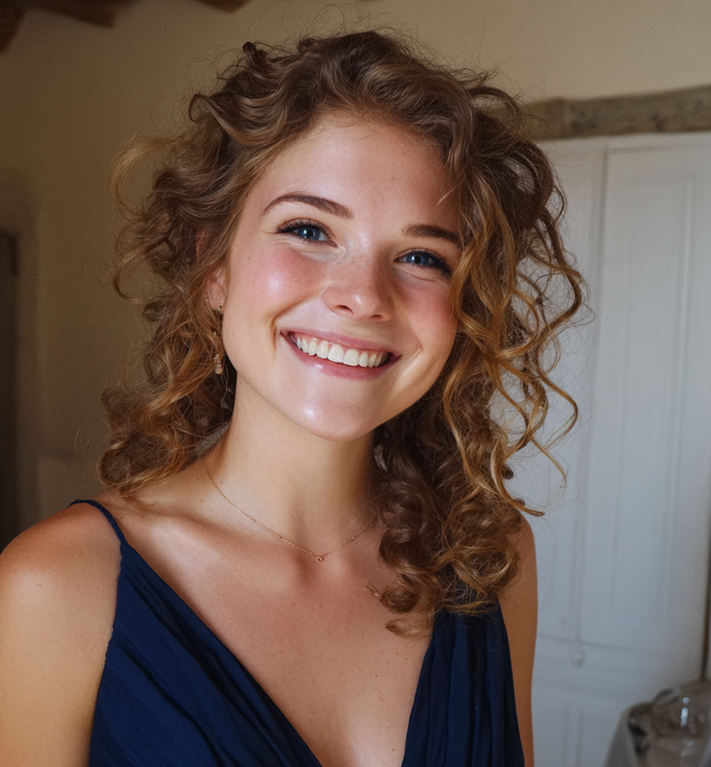 A smiling woman in a navy dress | Source: Midjourney