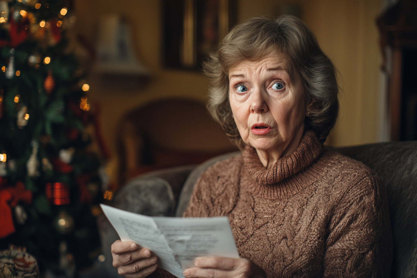 A woman sitting on a sofa while reading a letter | Source: Midjourney