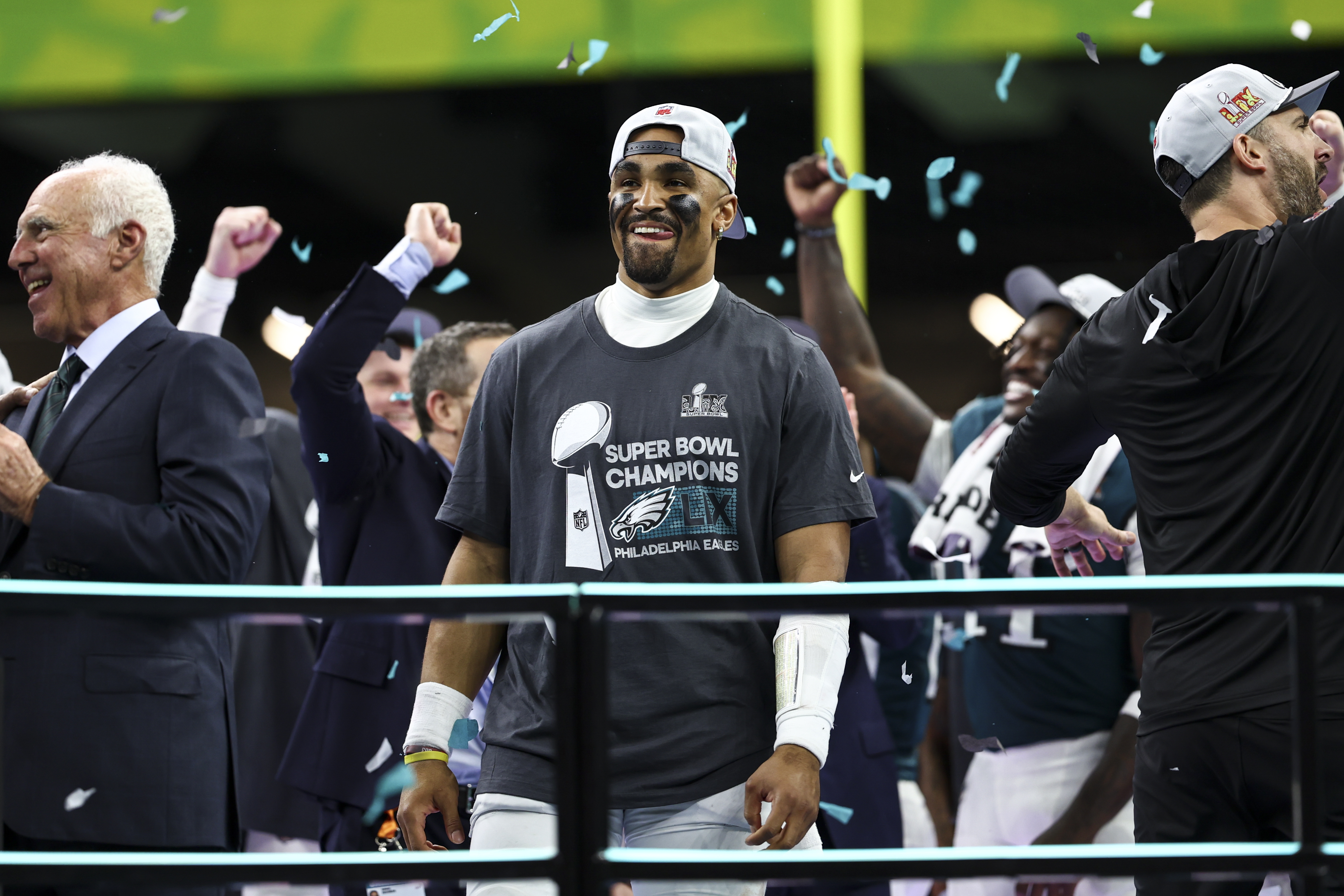 Jalen Hurts of the Philadelphia Eagles celebrates after defeating the Kansas City Chiefs 40-22 in Super Bowl LIX at Caesars Superdome in New Orleans, Louisiana, on February 9, 2025 | Source: Getty Images