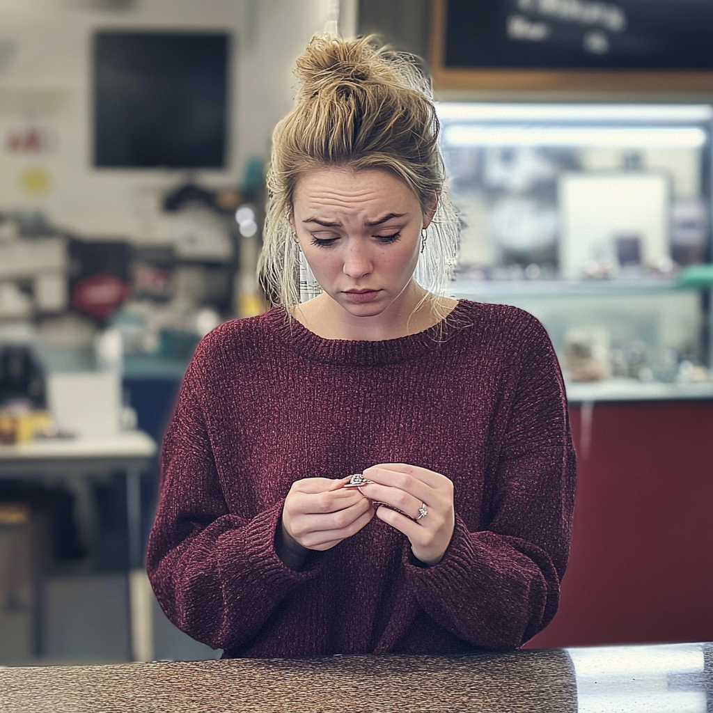 A woman holding an engagement ring | Source: Midjourney