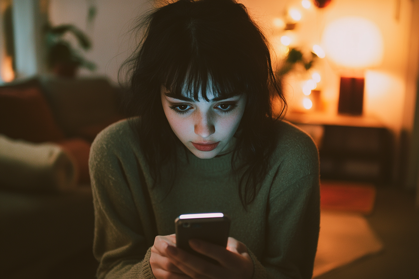 Une femme regarde son téléphone avec incrédulité | Source : Midjourney