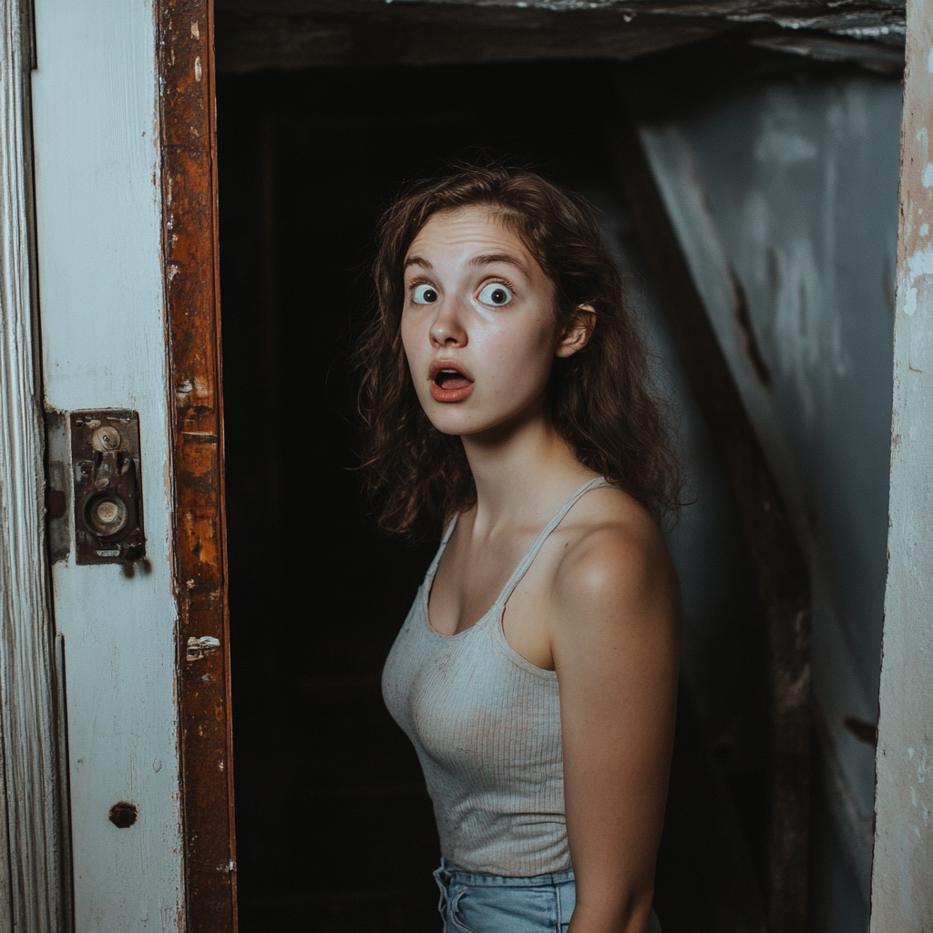 A shocked woman standing in front of an open basement door | Source: Midjourney