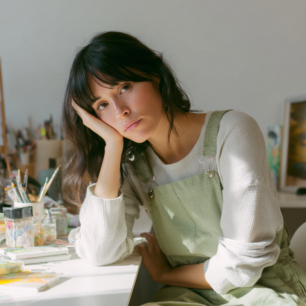 A concerned nail technician wearing sage dungarees | Source: Midjourney