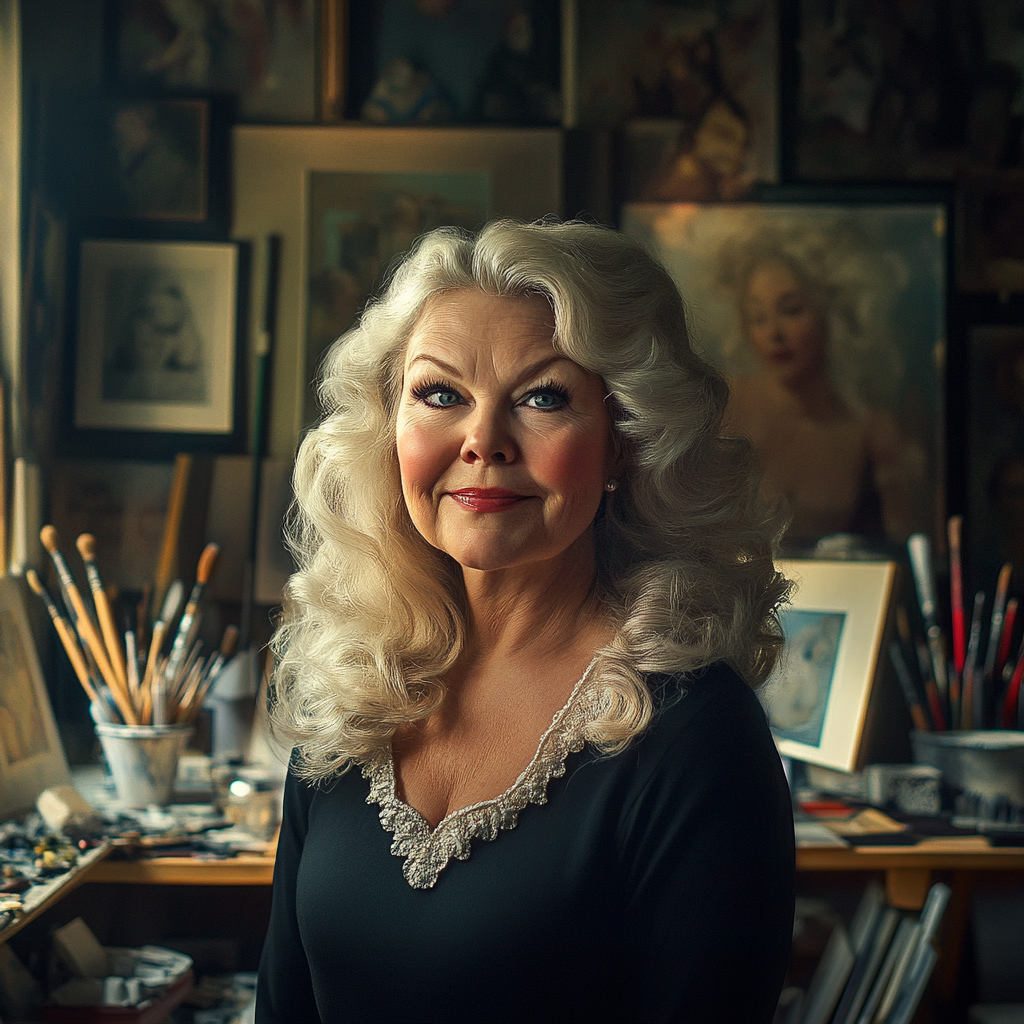 A senior woman standing in a room of art supplies and smiling warmly | Source: Midjourney