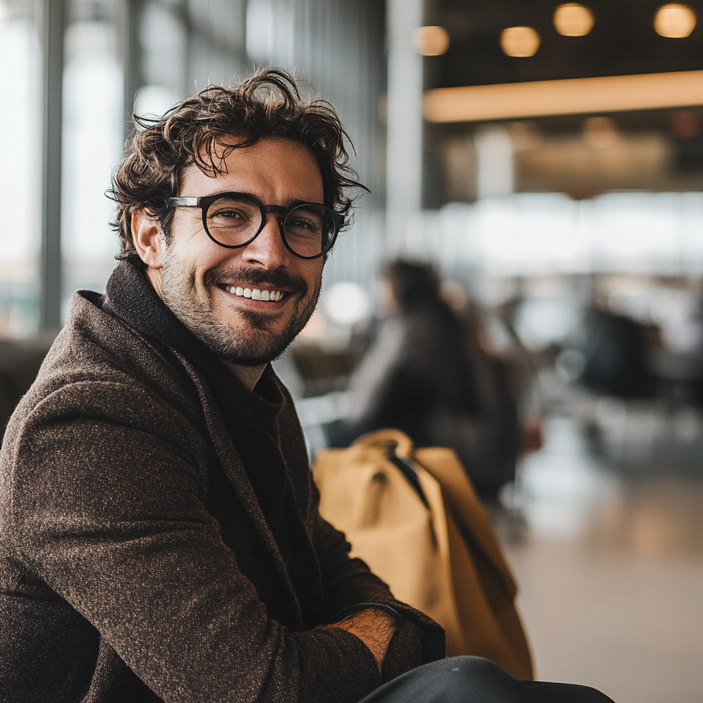 A smiling man looking at the camera in an airport | Source: Midjourney