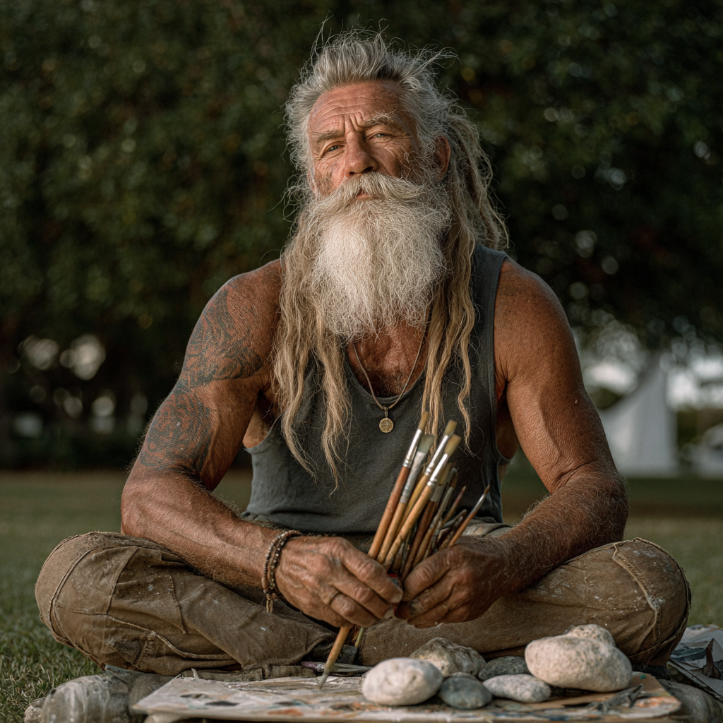 A man with painting brushes and rocks | Source: Midjourney