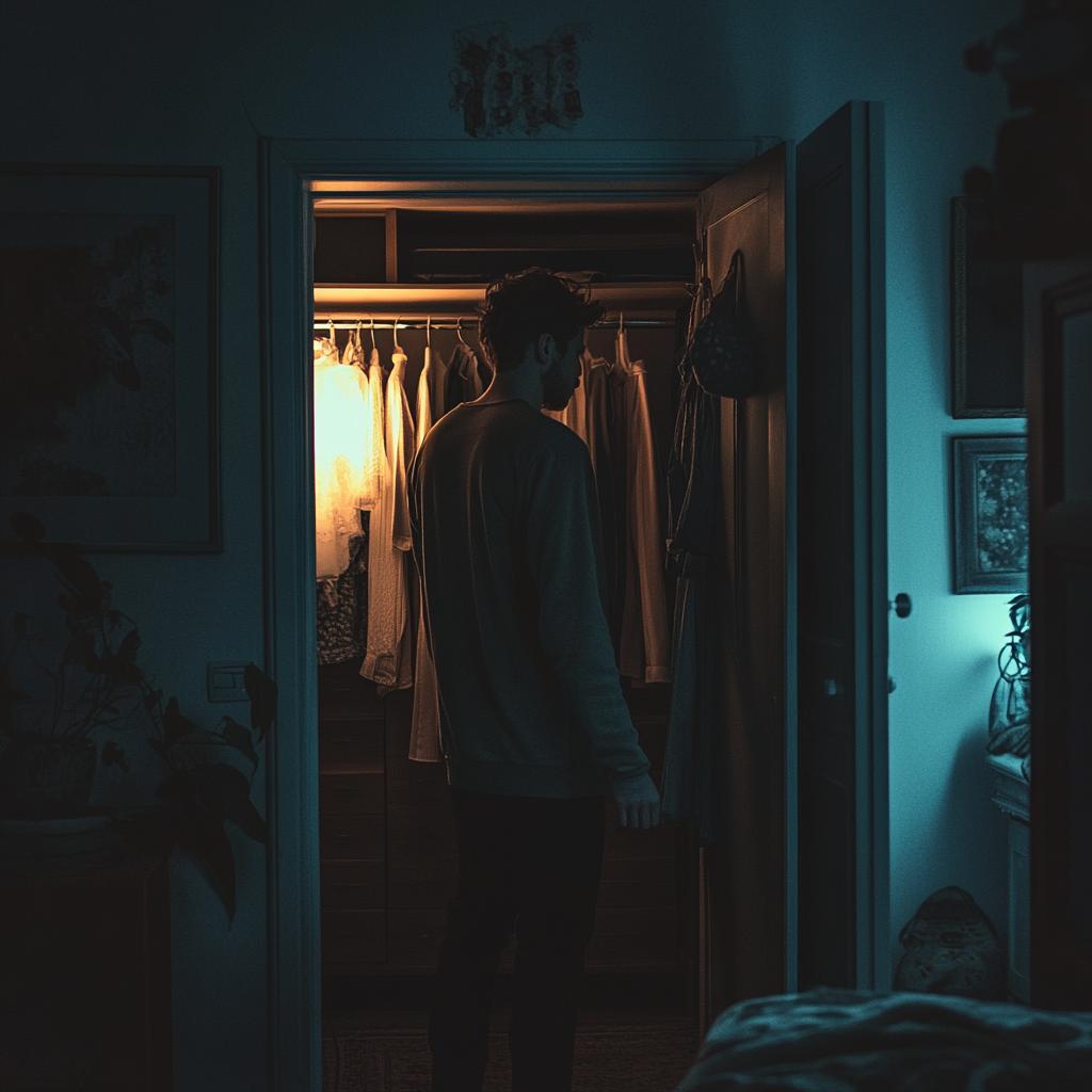 A man standing in front of an open closet | Source: Midjourney