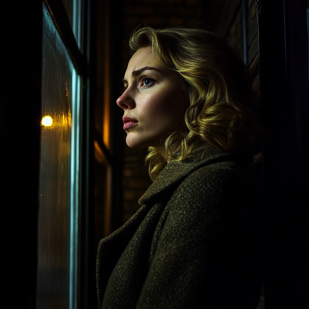 A woman looking into the basement window | Source: Midjourney