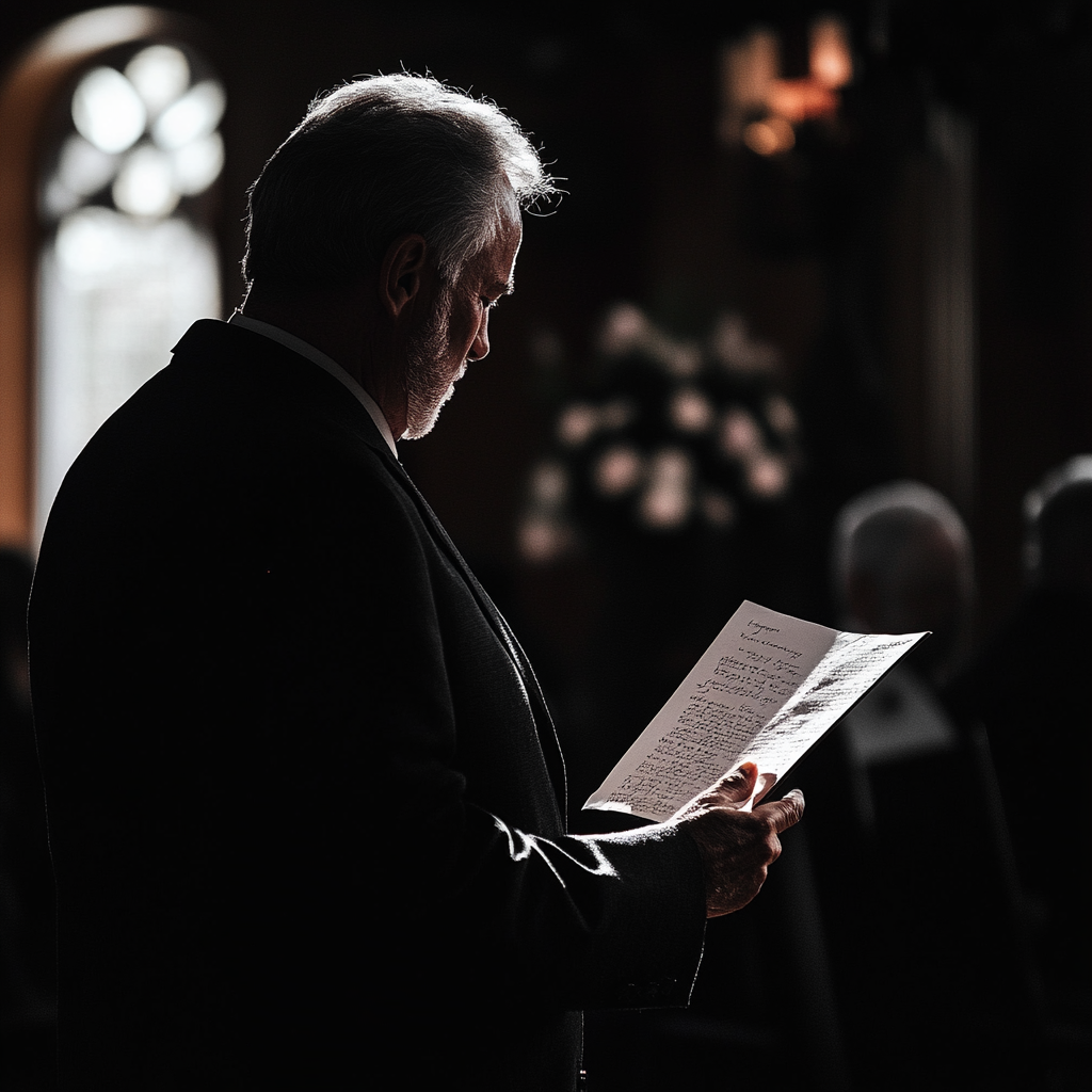 Senior man reading a letter at a funeral | Source: Midjourney