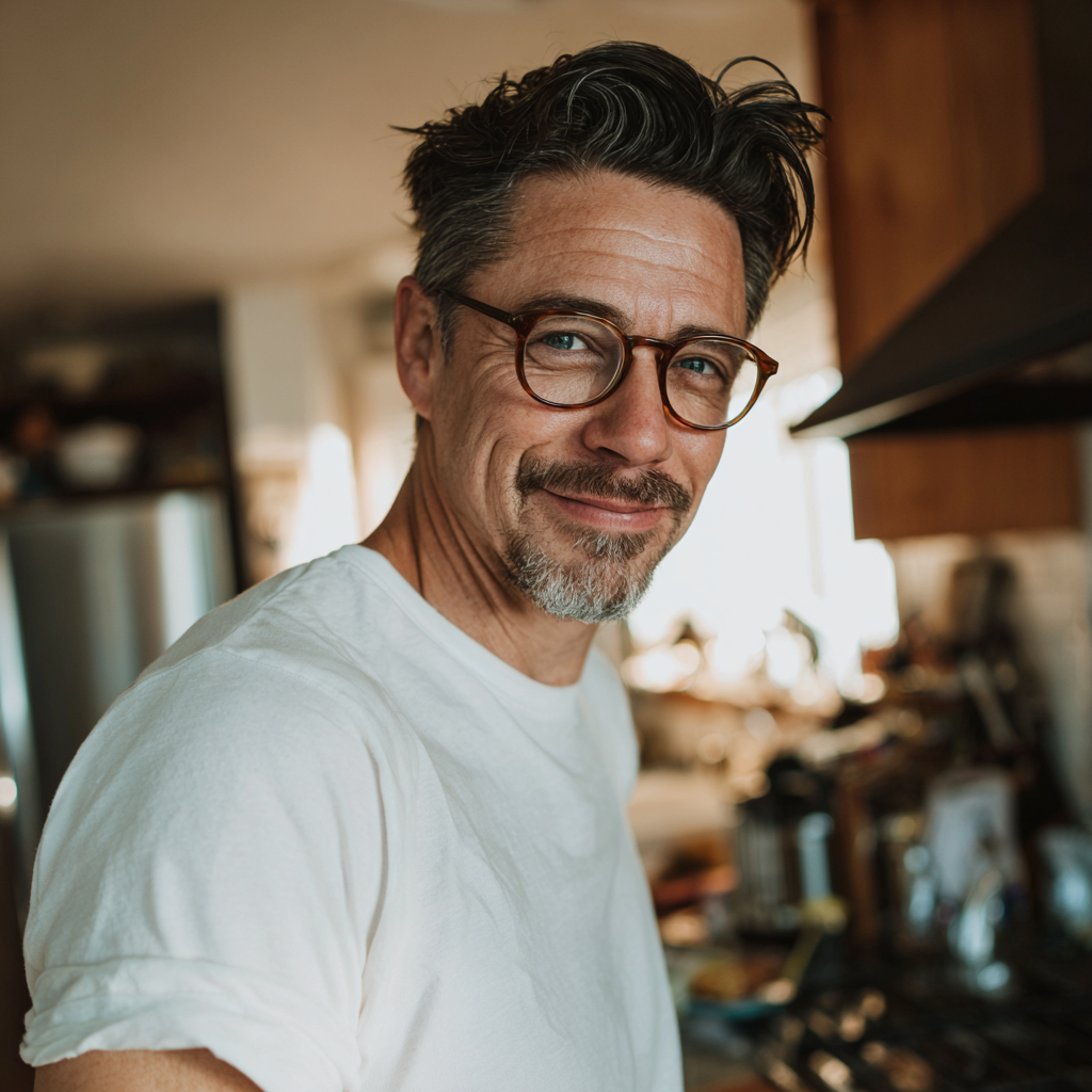 A smiling man wearing a white t-shirt | Source: Midjourney