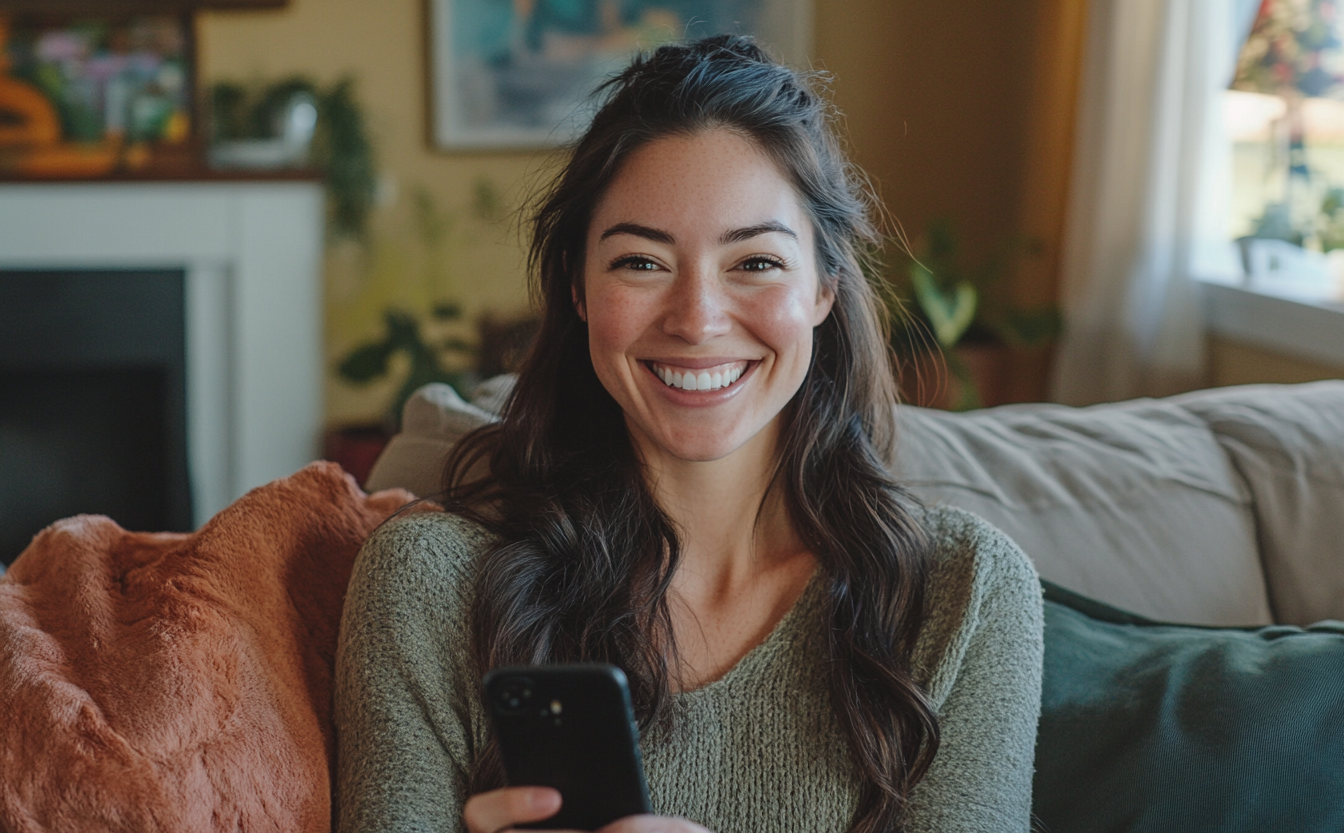 A woman smiling with her phone in her hand | Source: Midjourney