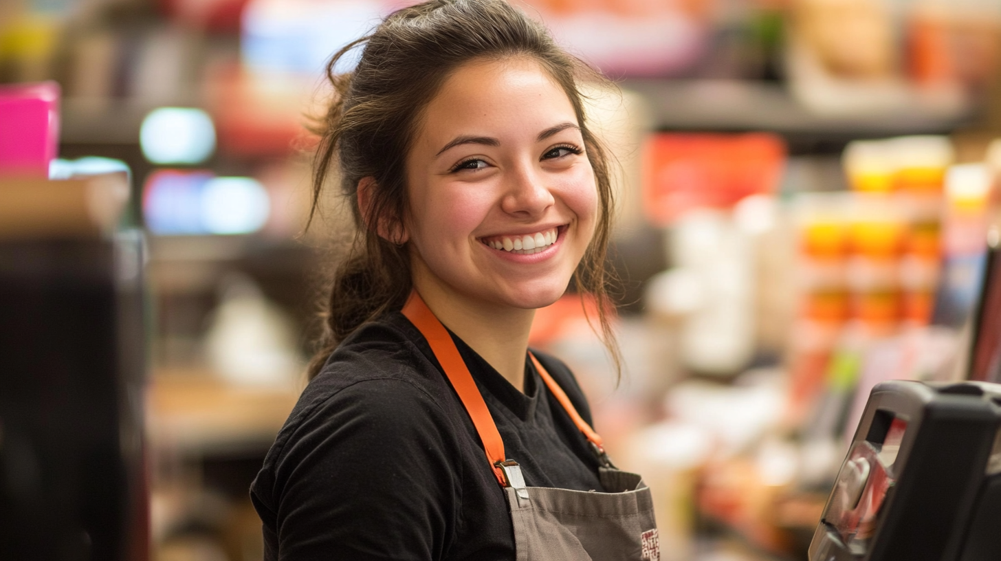 A cashier woman smiling| Source: Midjourney