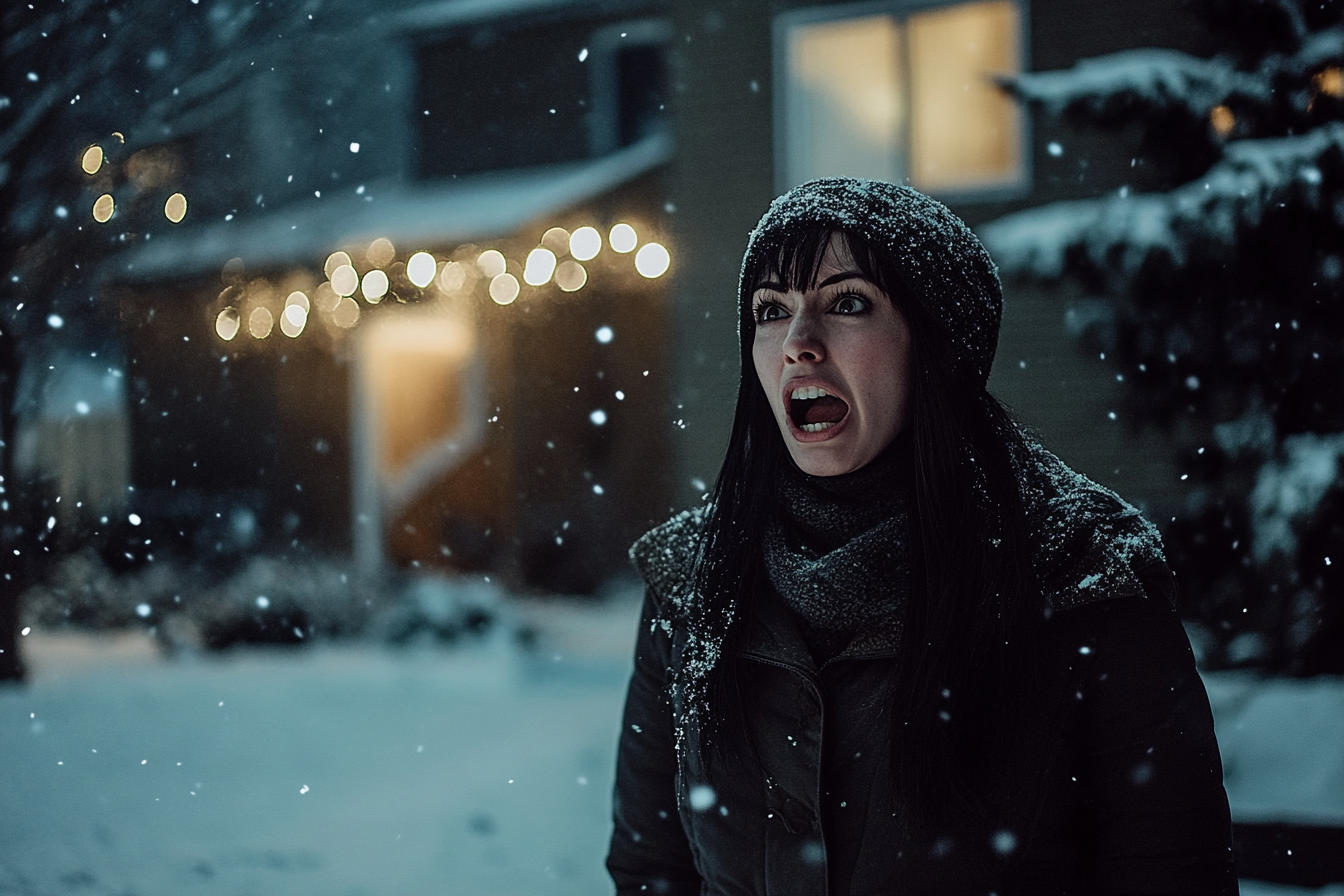 A woman yelling across a snowy yard | Source: Midjourney