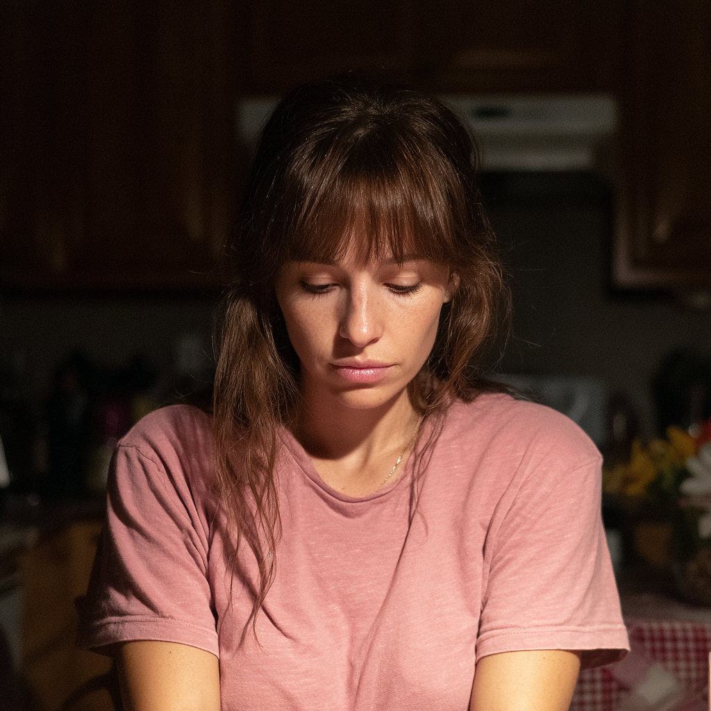 An upset woman wearing a pink T-shirt | Source: Midjourney