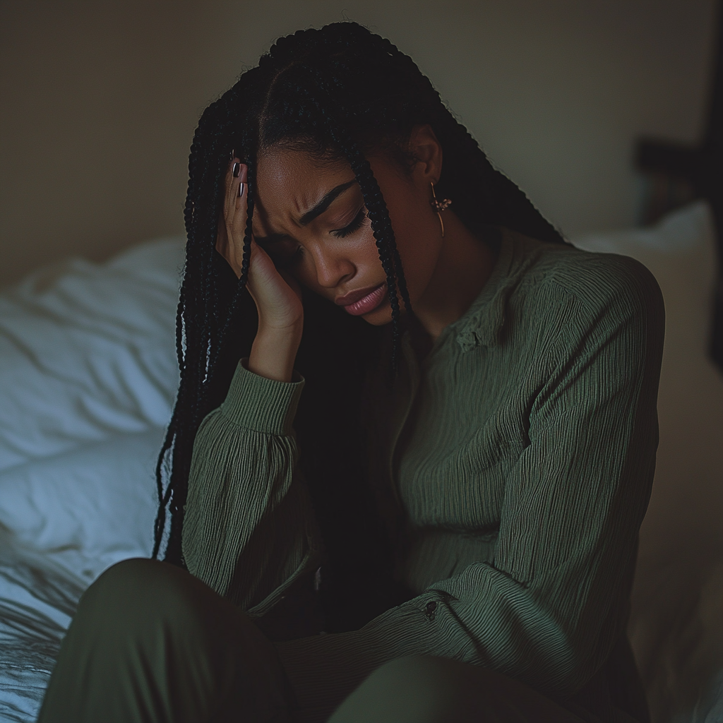 An upset woman sitting on a desk | Source: Midjourney