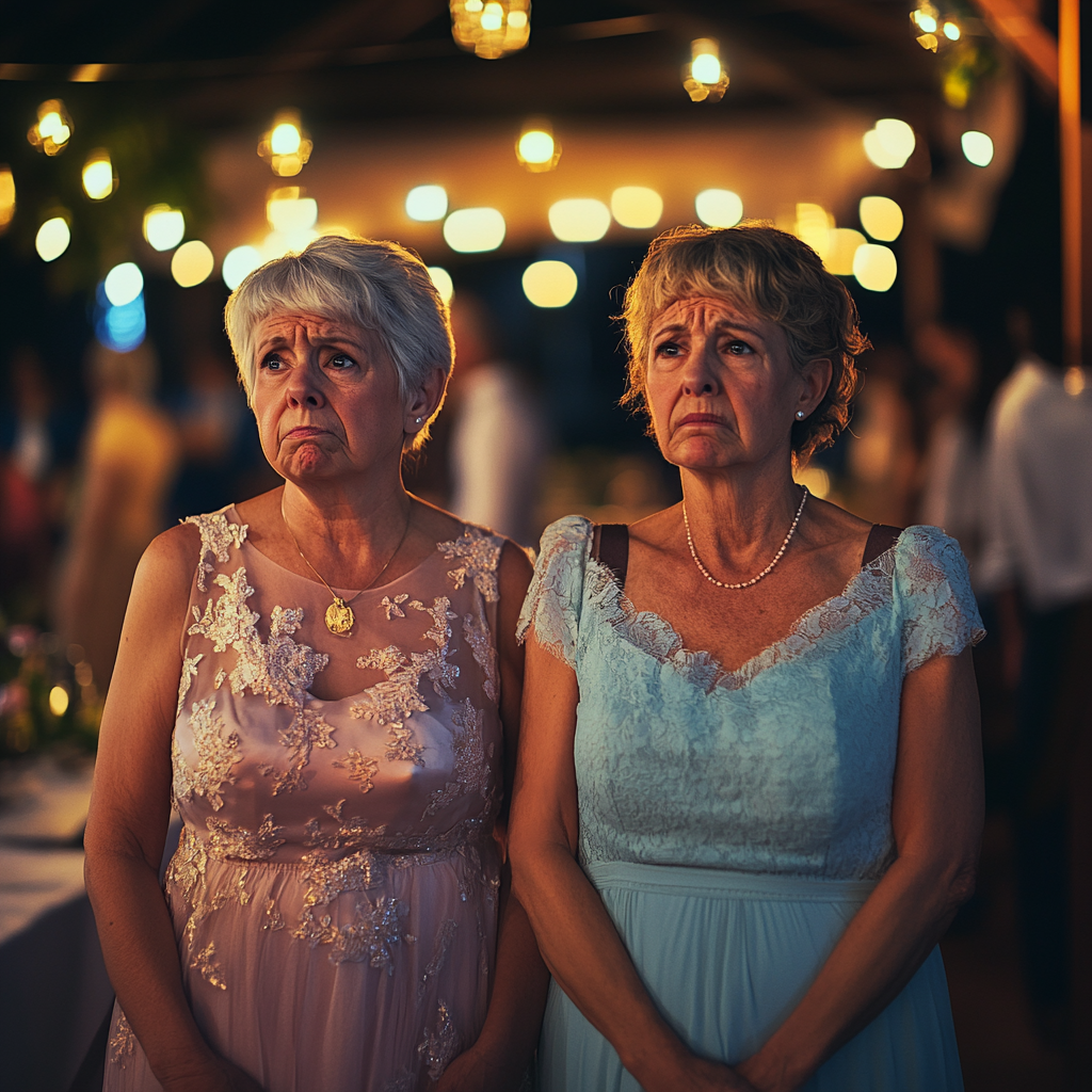 Two women attending the wedding reception of their friend's son | Source: Midjourney