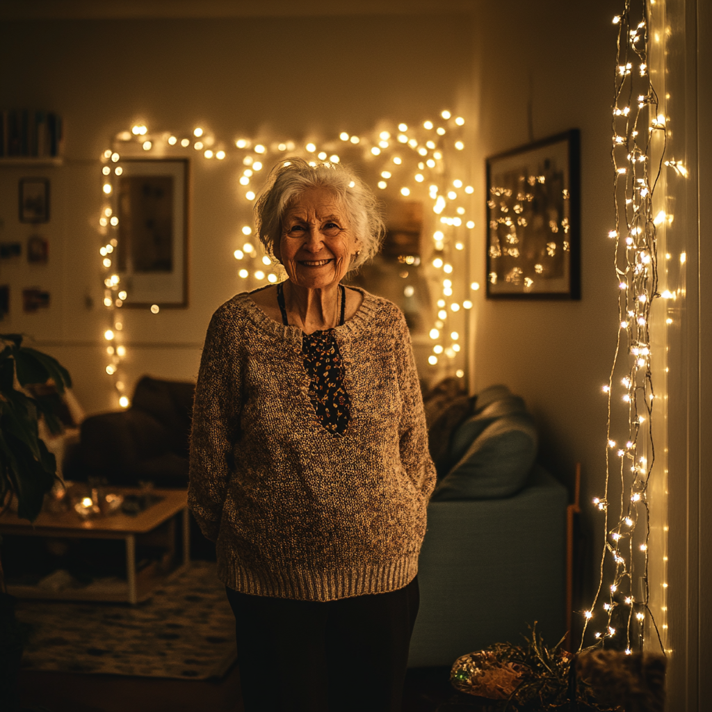 A smiling woman standing in her living room | Source: Midjourney