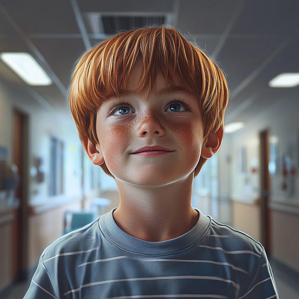 A smiling little boy standing in the hospital hallway | Source: Midjourney