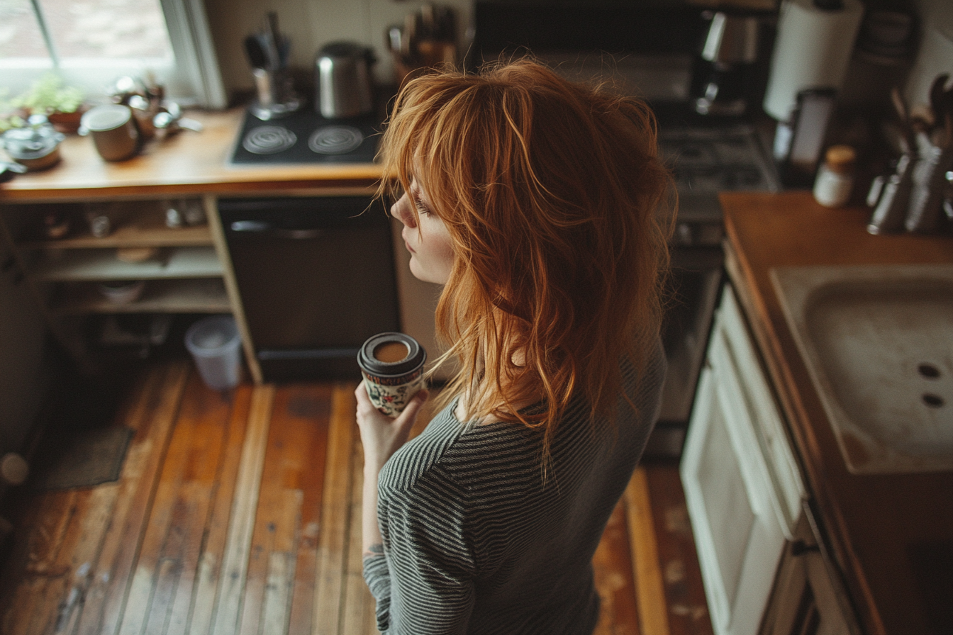 Femme prenant un café dans sa cuisine | Source : Midjourney