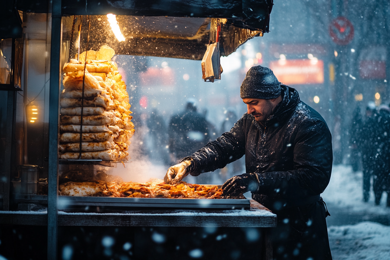 Uma barraca de shawarma com um vendedor trabalhando em um dia frio, com neve e vento | Fonte: Midjourney