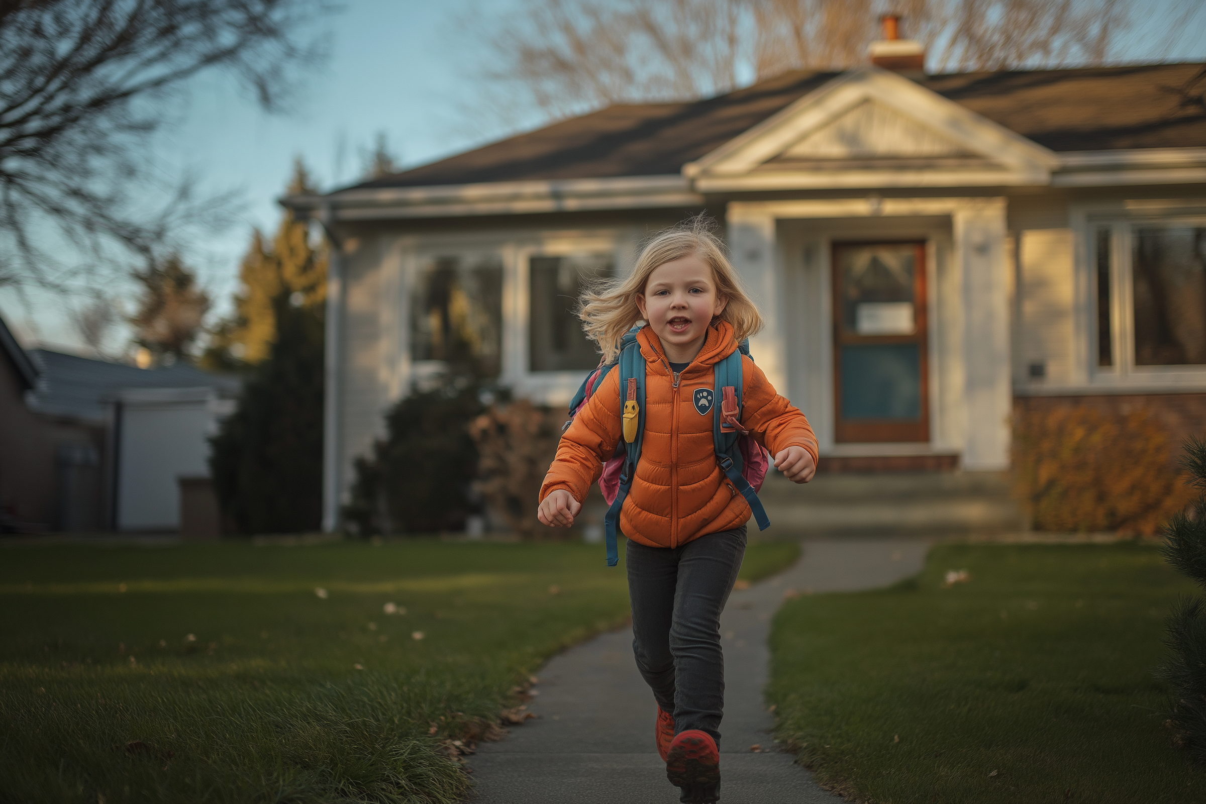 Little blonde girl running through the front yard holding a Paw Patrol backpack | Source: Midjourney