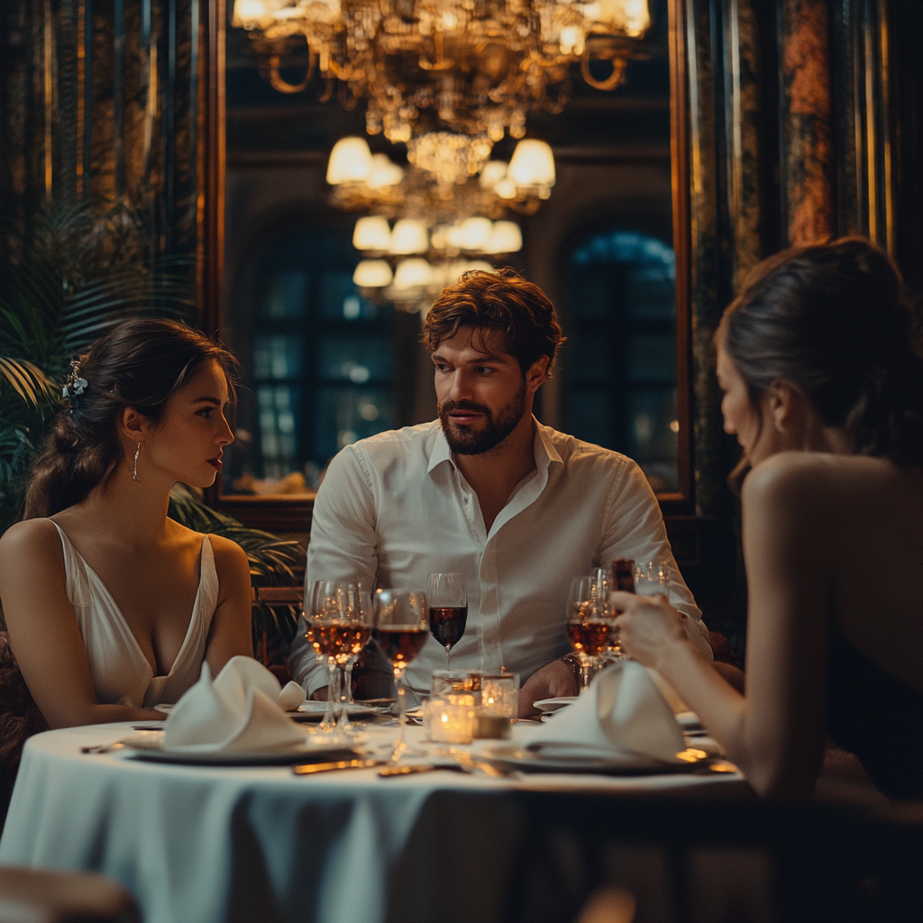 Tense man talking to two women at a dinner table in a restaurant | Source: Midjourney