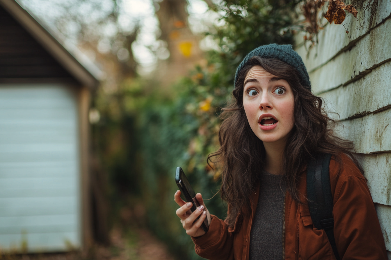 A woman holding a phone in a backyard | Source: Midjourney