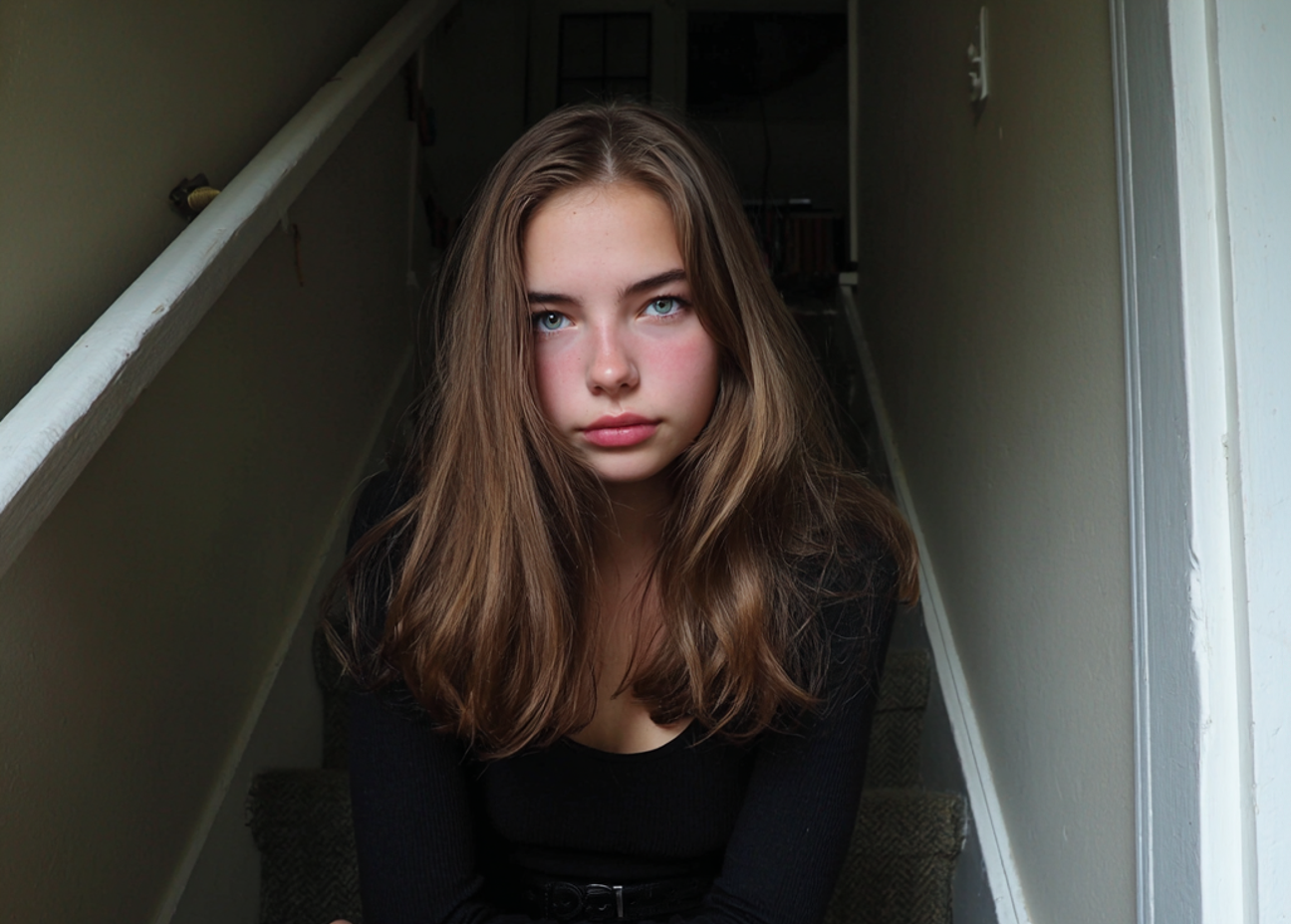 A teenage girl sitting on a staircase | Source: Midjourney