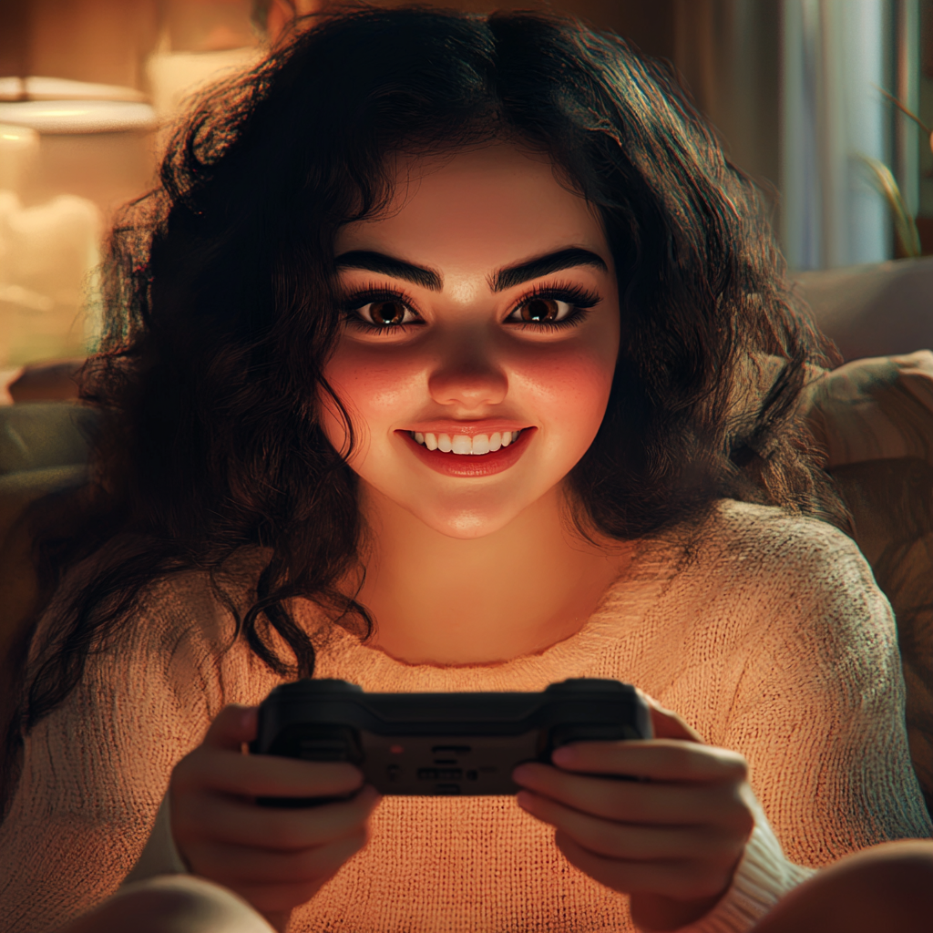 Una mujer alegre sosteniendo una consola de videojuegos | Fuente: Midjourney