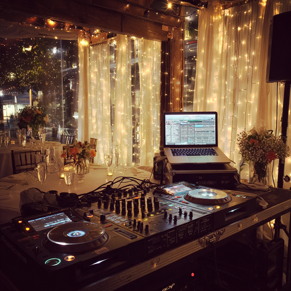 A DJ booth at a wedding reception | Source: Midjourney