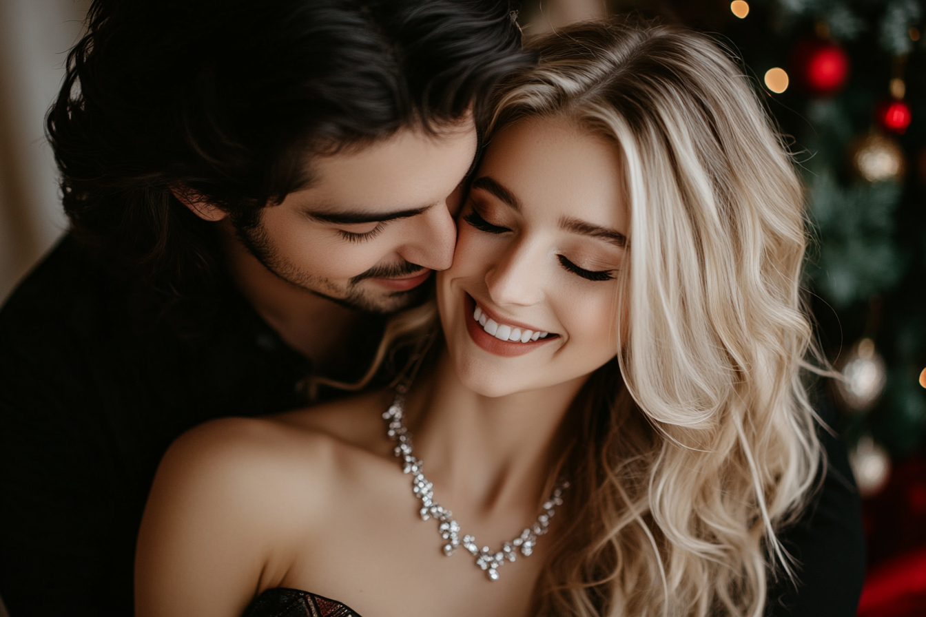 Man kissing a woman wearing a diamond necklace | Source: Midjourney