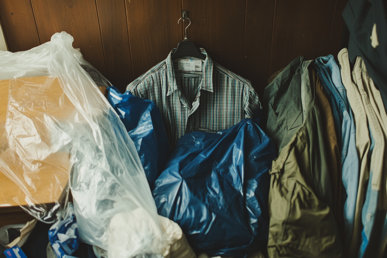 Men's clothes being packed into trash bags | Source: Midjourney