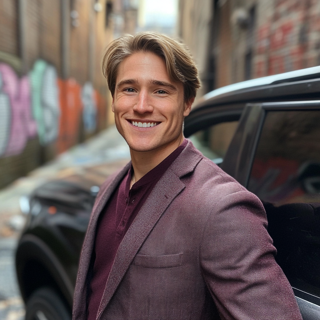 A smiling man standing next to a car | Source: Midjourney