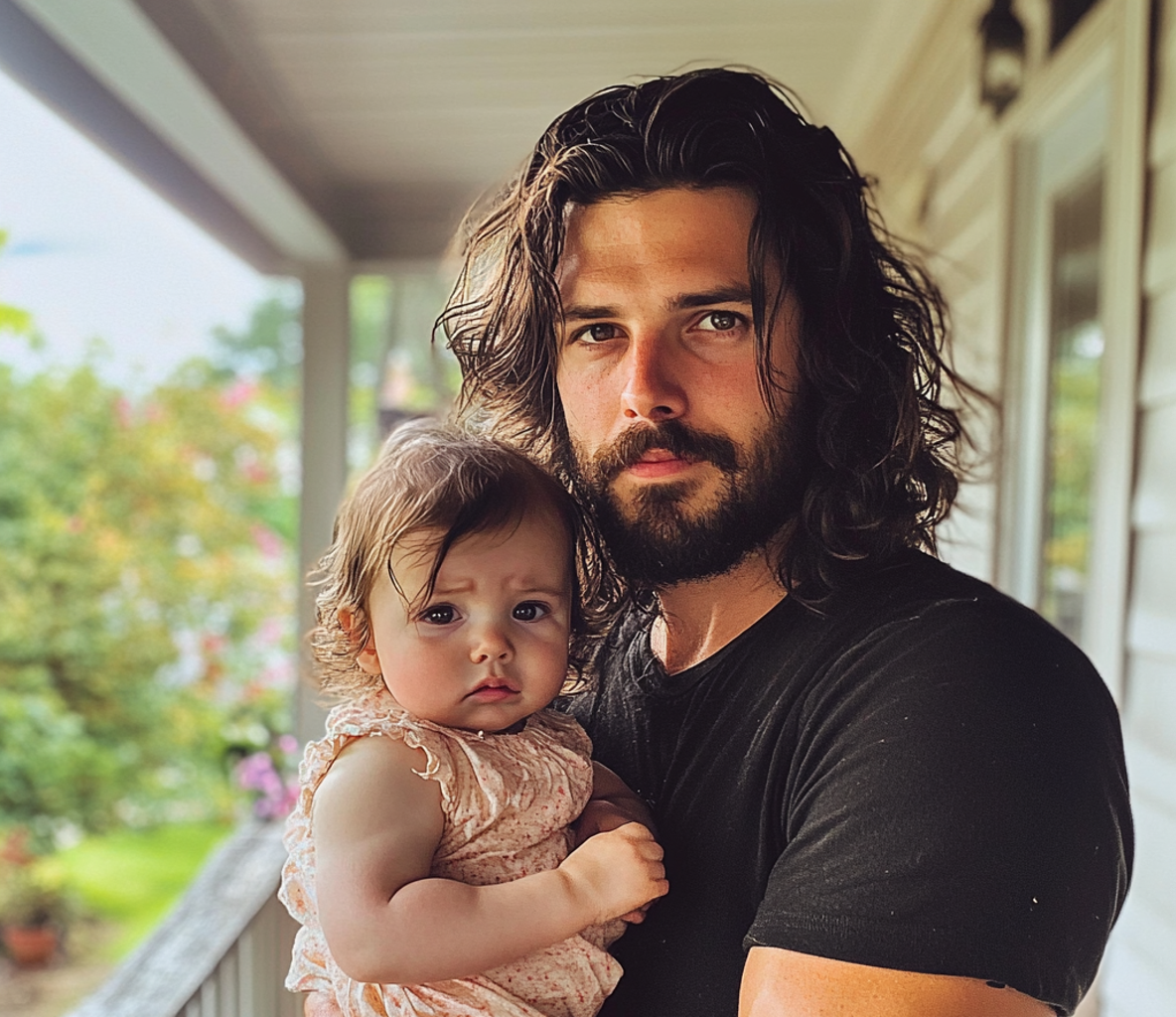A man standing on a porch with a baby | Source: Midjourney