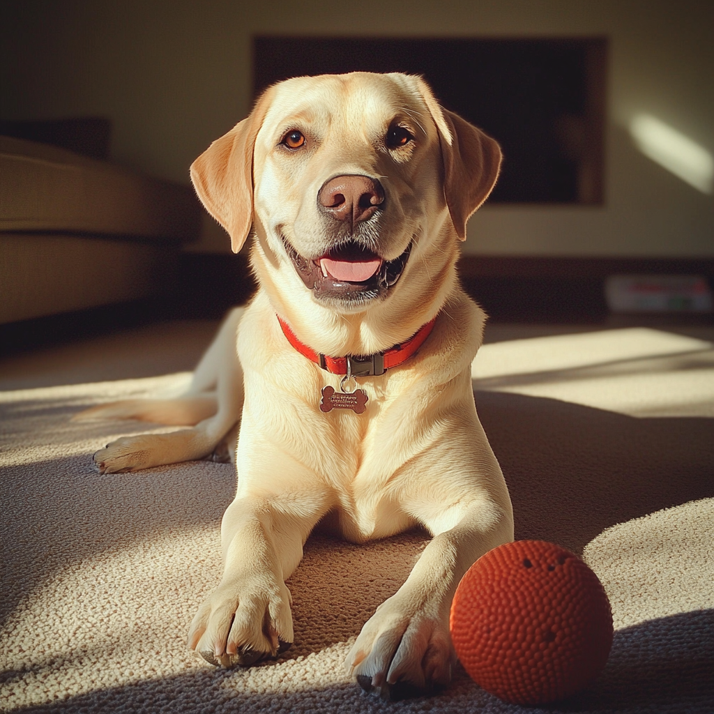 A dog laying on a carpet | Source: Midjourney