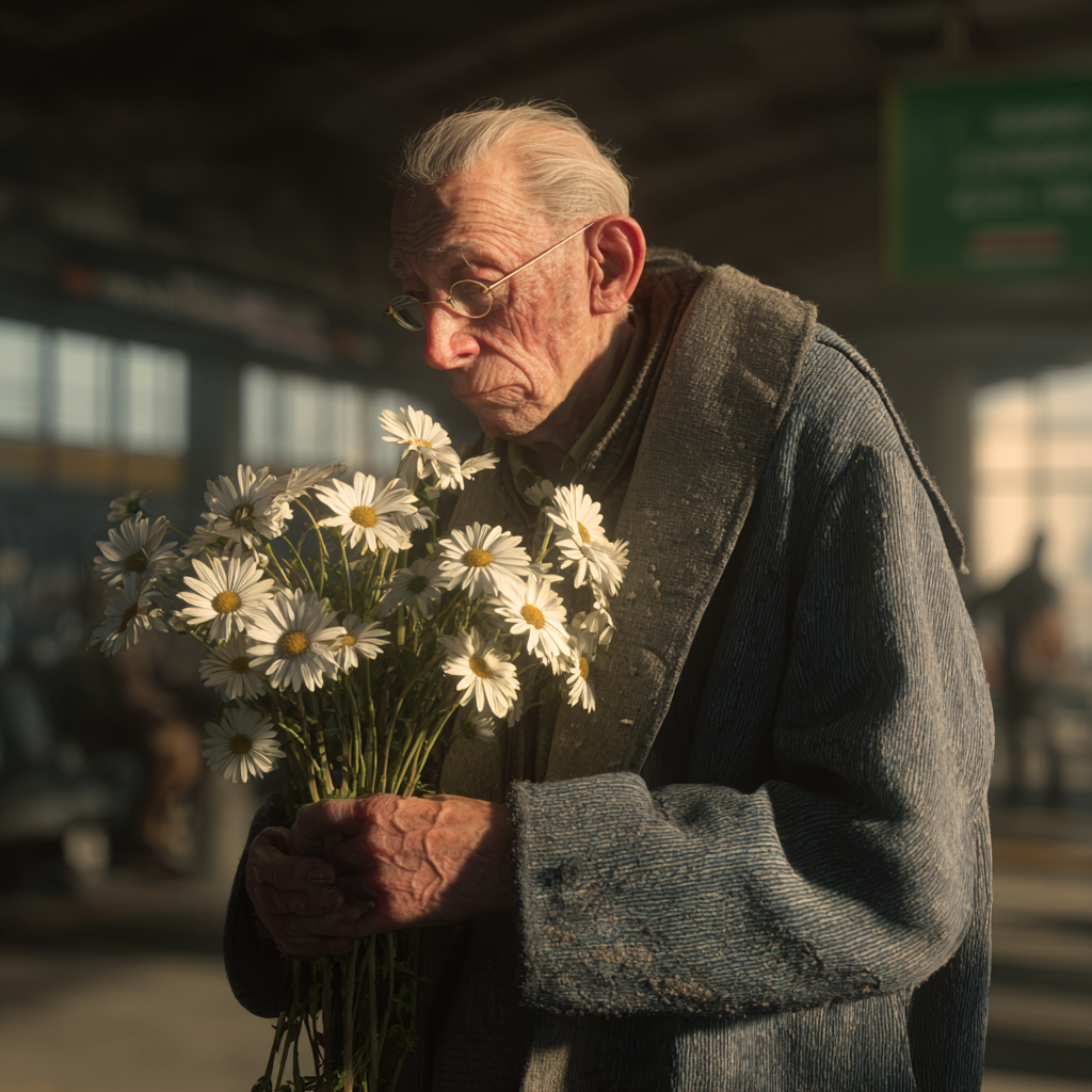 A sad elderly man holding a bouquet of daisies | Source: Midjourney