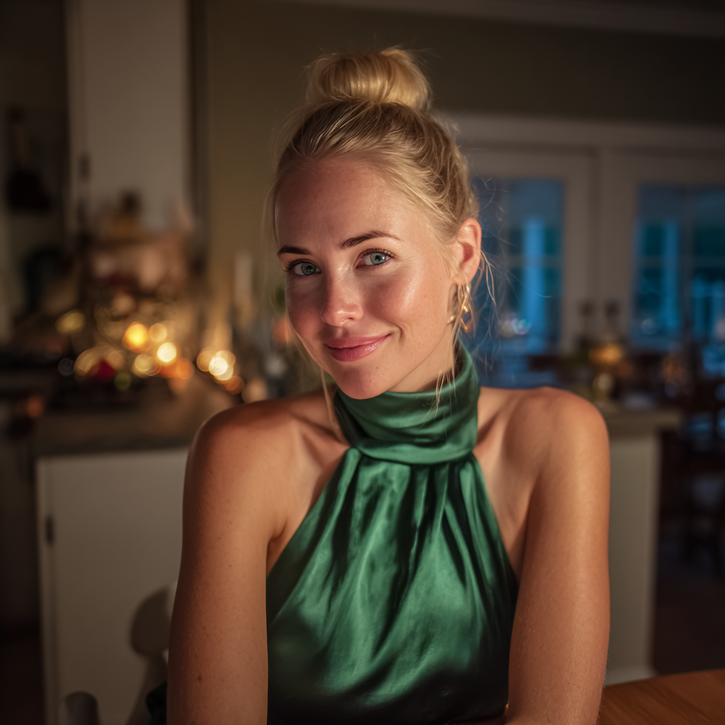 A smiling woman sitting at a table | Source: Midjourney