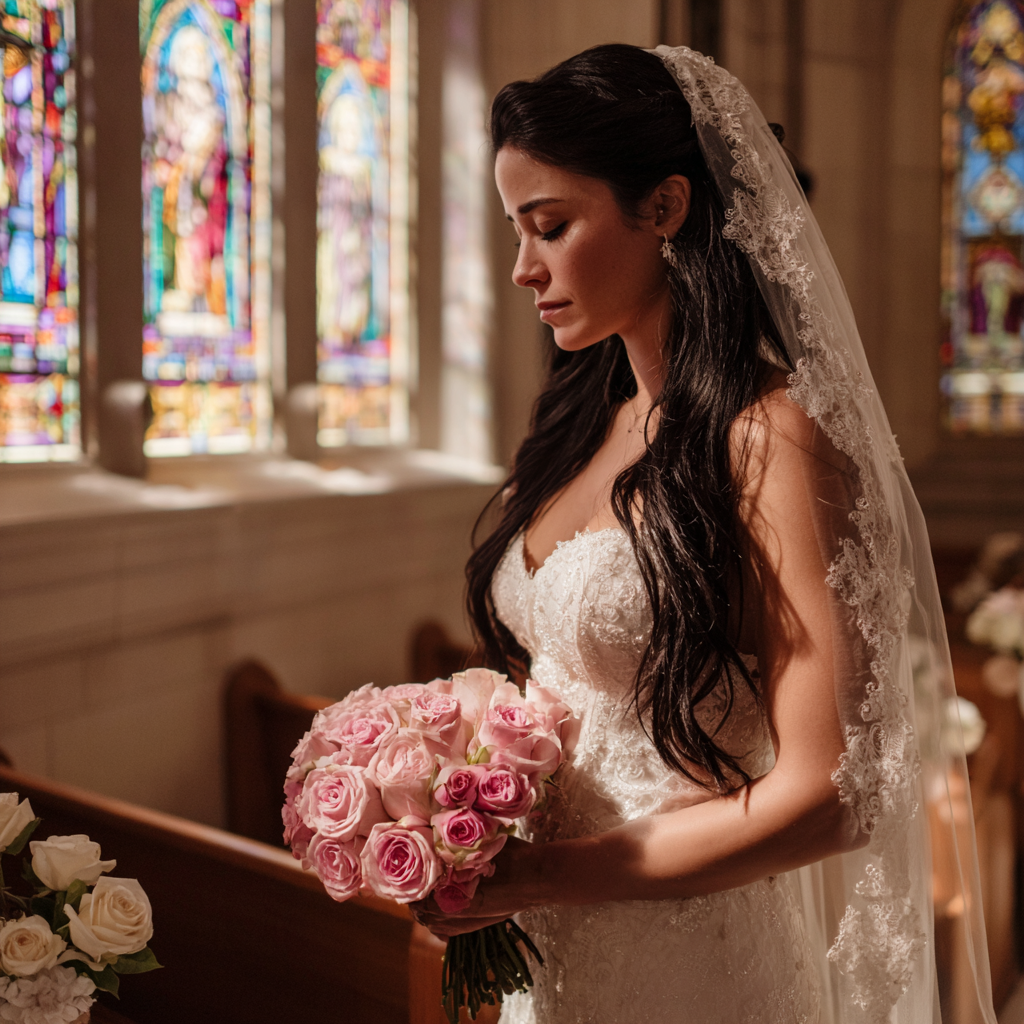 An upset bride standing with closed eyes | Source: Midjourney