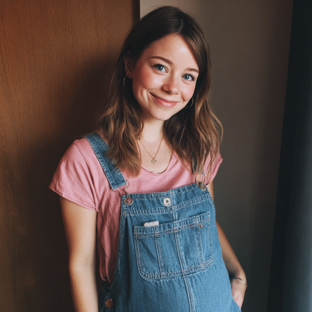 A smiling pregnant woman wearing denim dungarees | Source: Midjourney