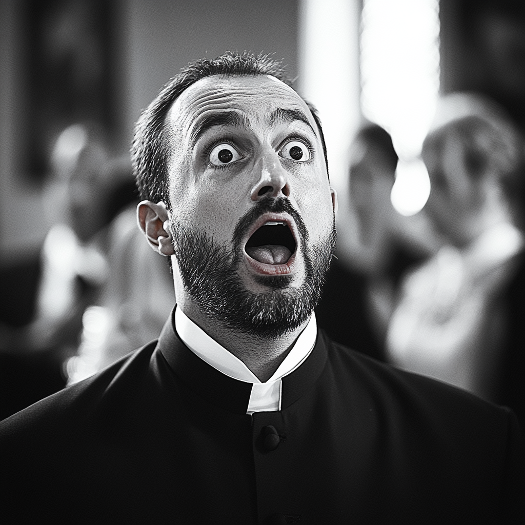 A shocked priest in a church | Source: Midjourney