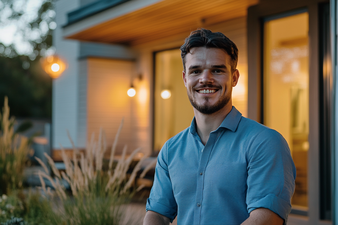 Man smiling while standing on a front porch | Source: Midjourney