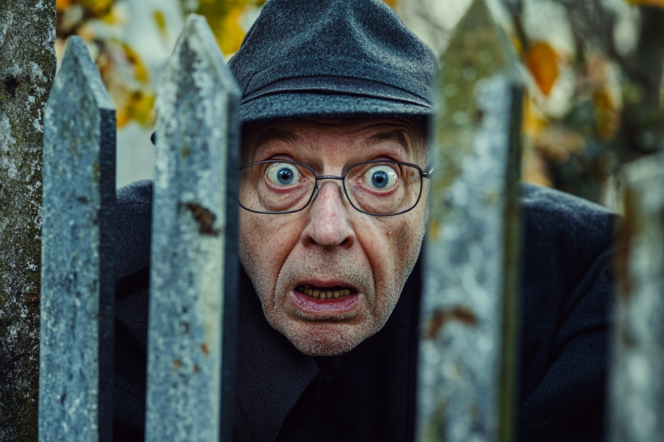 A shocked elderly man peering through a fence | Source: Midjourney