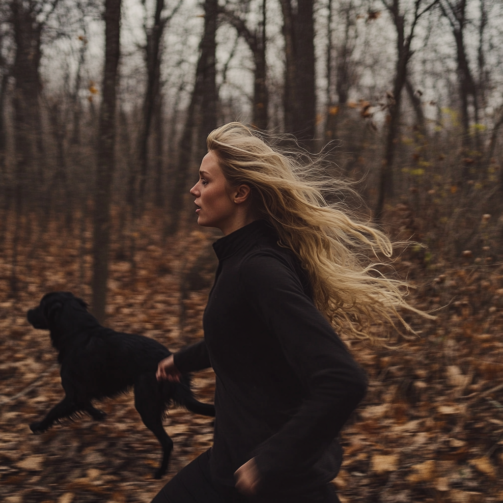 Uma mulher correndo atrás do cachorro | Fonte: Midjourney