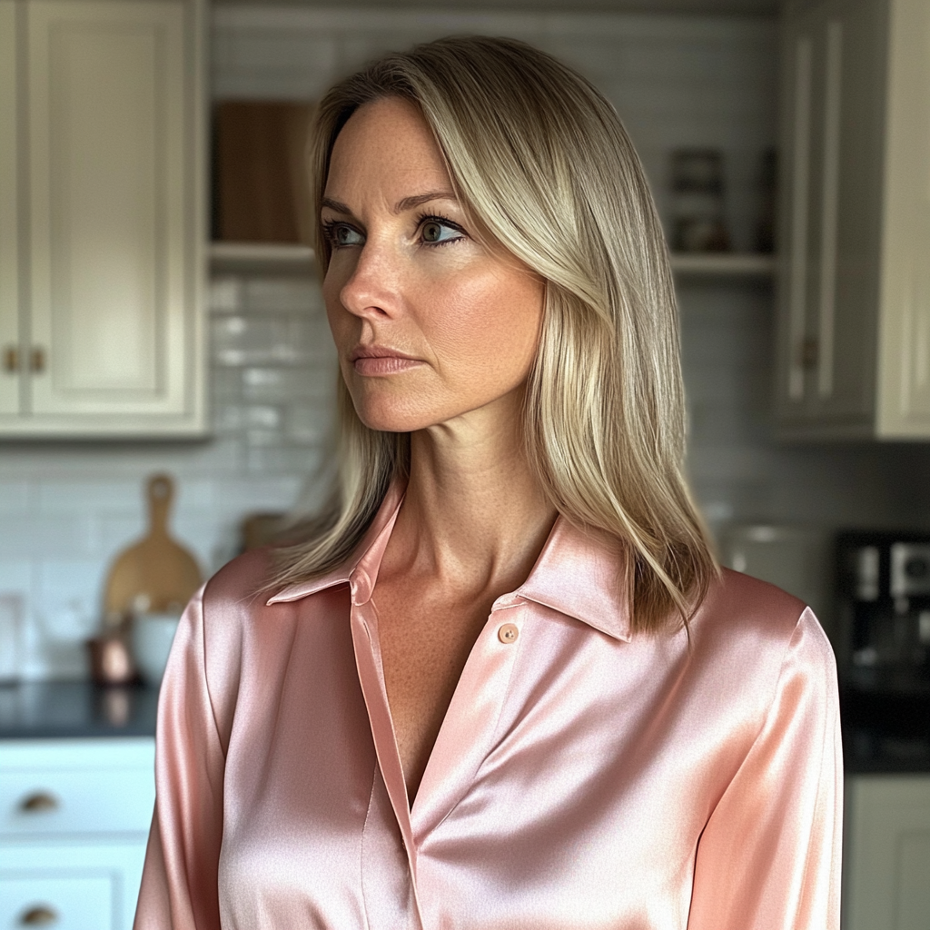 A stern-faced woman wearing a pink blouse | Source: Midjourney