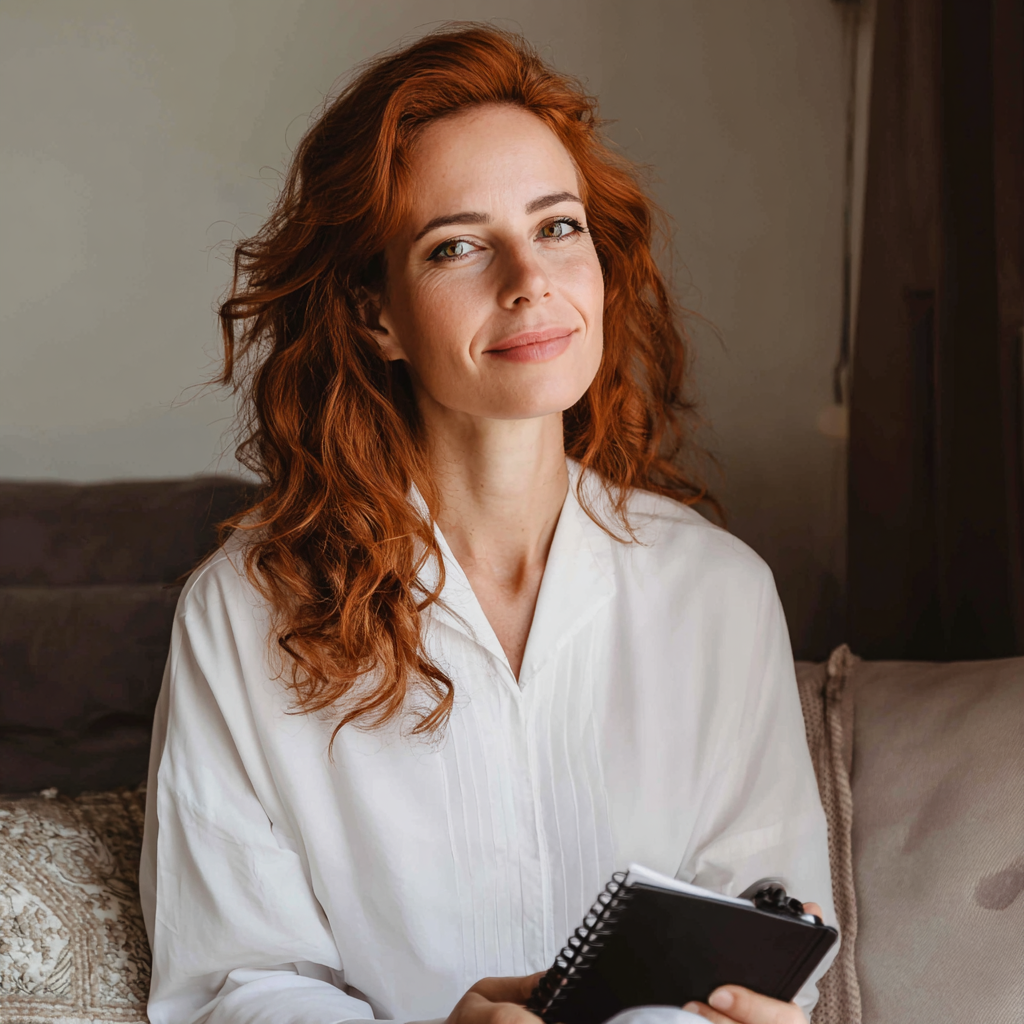 A smiling therapist holding a black notebook | Source: Midjourney
